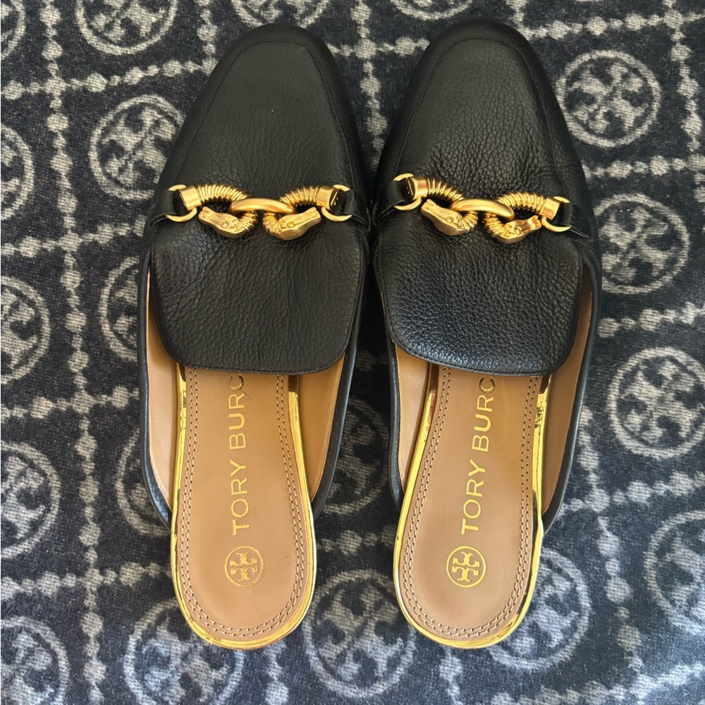 Tory Burch Black Mules with Gold Chain Detail
